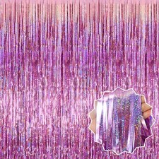 3 Pack Pink Foil Fringe Curtains Backdrop 3.28 x 8.2 Ft Metallic Streamers Ti...