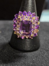 Modern Size 7.5 Gold Plated Sterling Silver Amethyst Cluster Cocktail Ring Beaut
