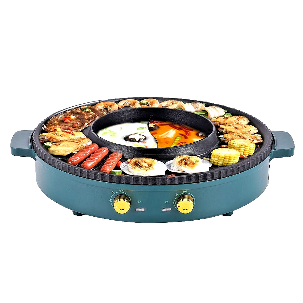 2-in1 Hot Pot BBQ Elektro Hotpot Ofen Rauchfreie Grillpfanne Grillmaschine 1400W