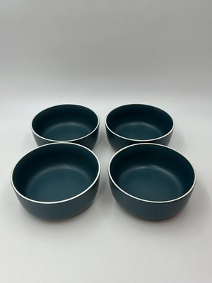 4 GAP Home Turquoise Stoneware Soup Cereal Bowls 6 1/4 In Round White Rim