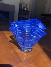 Vintage Mid Century Italian Murano Scalloped Glass Ruffled Vase Blue Art