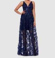 X by Xscape Women's Blue 3D Floral Appliqué Sequin V-Neck Gown Dress Size 4