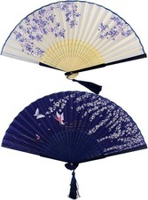 Folding Silk Hand Fans with Bamboo Frame for Dance Wedding Decor 2 Pack Set