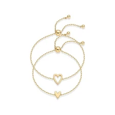 14K Gold Plated Matching Heart Charms Bracelet Set for Women Adjustable 2 pack