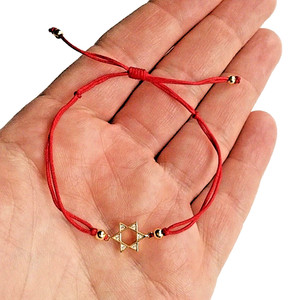 Authentic 925 Solid Sterling Silver & Gold Plated Star of David Bracelet - Red Cord- B96