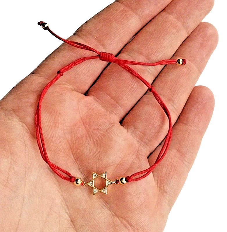 925 Solid Sterling Silver Gold Plated Star David Bracelet Red Cord- B96 - Product main view