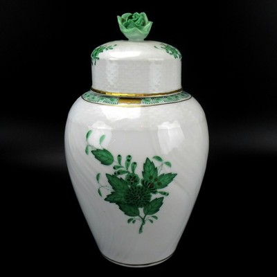 Herend Porzellan Deckelvase Serie Apponyi Grün Urne Dose Hungary 19cm 6450