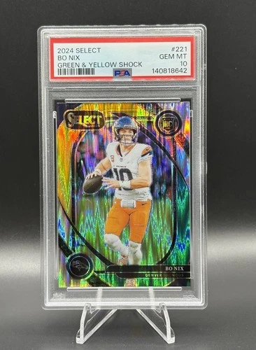 Bo Nix RC PSA 10 2024 Select Green Yellow Shock Club Level Broncos