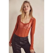 NWT Free people Coffee Date Sheer L/S Bodysuit in Burnt Orange XS