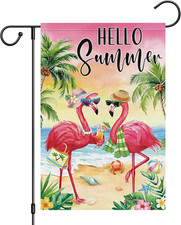 Flamingos Hello Summer Garden Flag 12X18 Double Sided Burlap, Hawaii Tropical Be