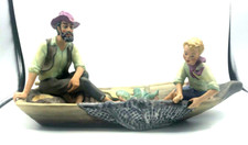 Stattliche Porzellan Figur Vater Sohn Fischer Boot Biskuit handbemalt L 39 cm
