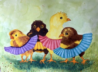 THE CHICKEN DANCE, chicks, print from original by E. C. Sullivan, watercolor