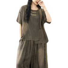 Womens Chinese Fashion Classic Two Pieces Sets O Neck Vintage Tops Wide Leg Pant