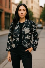 Chicos Size 2 Eastern Mood Lenie Black/Cream Embroidered Open Front Jacket New