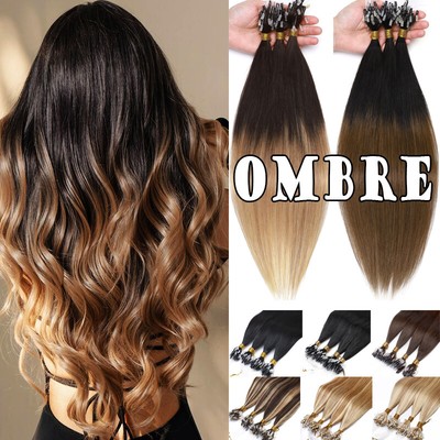 200Strähnen/Echthaar Microring Loop Extensions Human Hair Haarverlängerung@OMBRE
