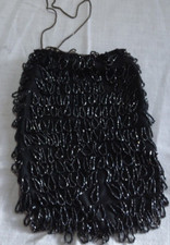Vintage black silk purse with sequins/beads and metal drawstring 8 by 6 in