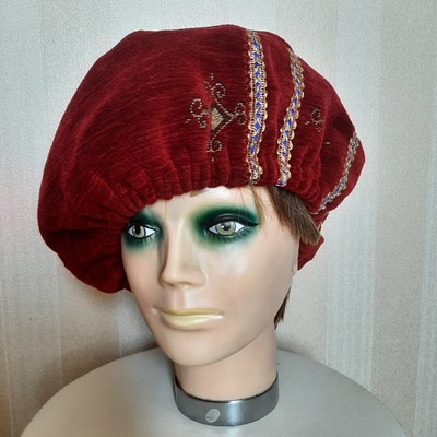 Dunkelrotes Velours Mittelalter HUT BASKENMÜTZE Tudor Renaissance Künstler Kostüm