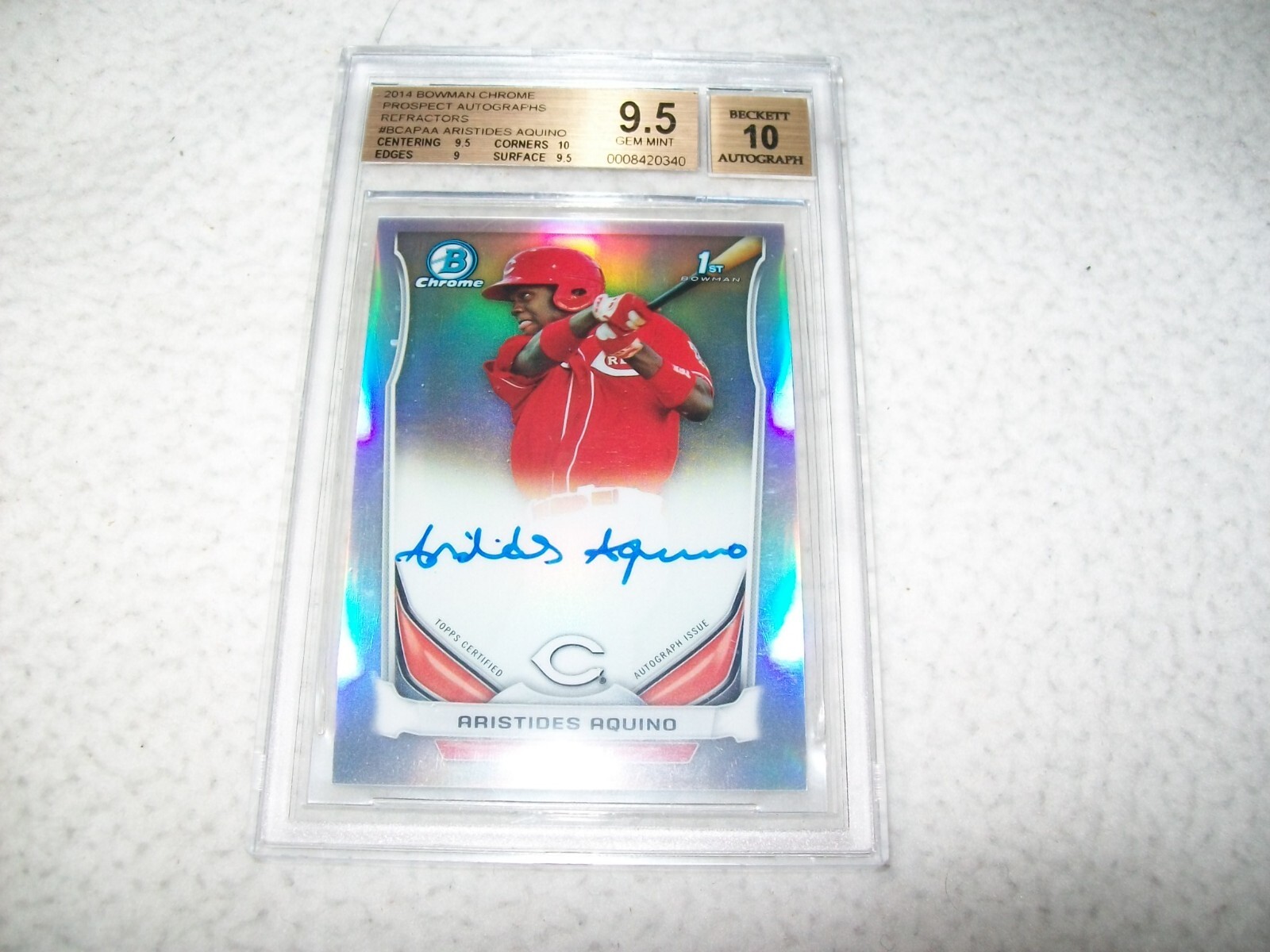 2014 BOWMAN CHROME ARISTIDES AQUINO SIGNED AUTO #D/500 CINCINNATI REDS BGS 9.5