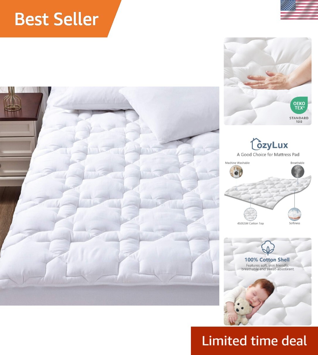 King Size Cotton Quilted Mattress Pad Cover Fitted Bed Topper