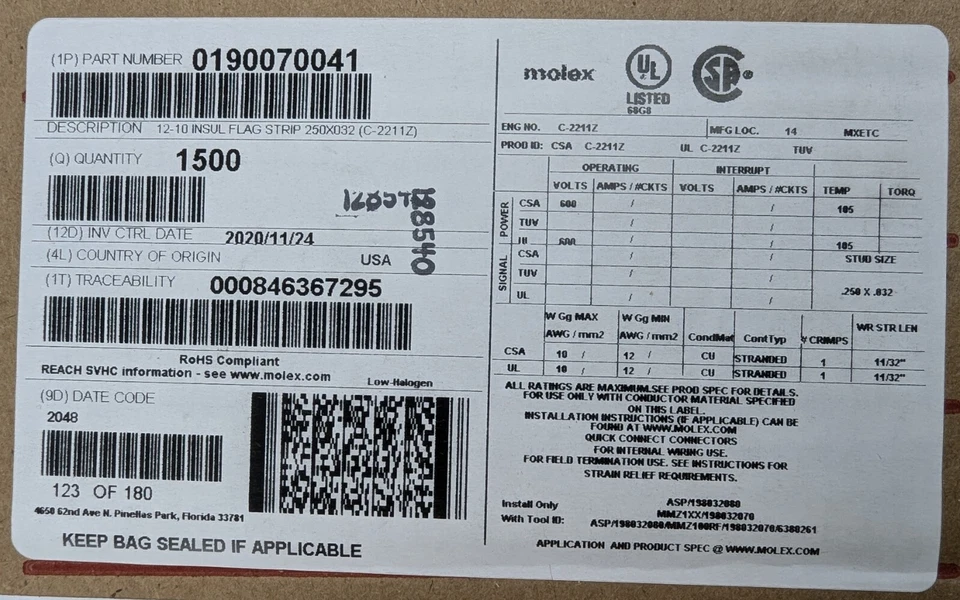 1500 Molex 0190070041 12-10AWG Yellow Rht Angle Crimp Sockets for .25" Tab NEW - Image 3 of 4