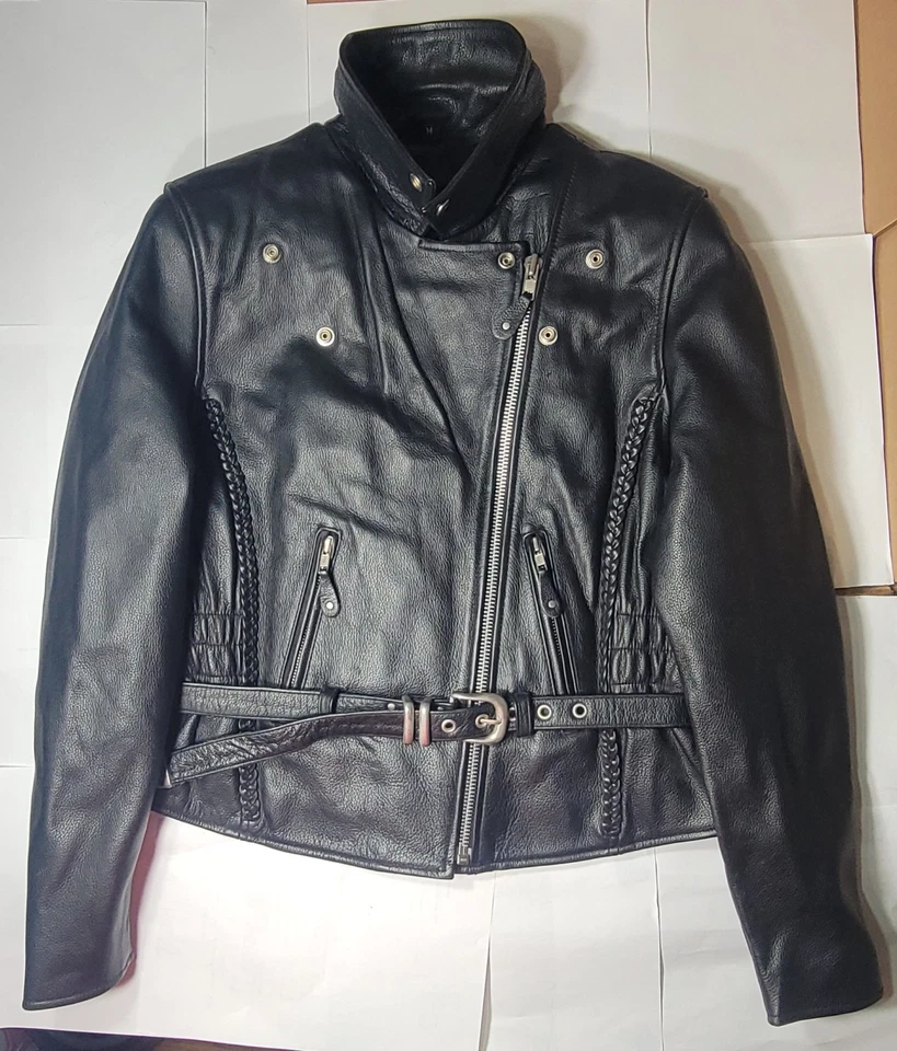 Vintage First Classic Ladies Black Motorcycle Jacket Size M Liner Belt Full Zip - Image 2 of 4