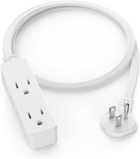 Flat Plug Extension Cord with 3 Outlets - 3 ft White Low Profile Indoor 3 Prong