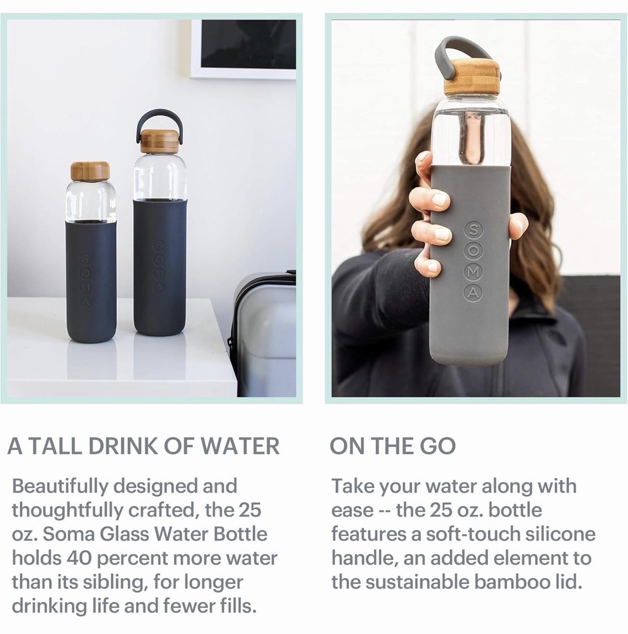Soma Full Circle 25oz Glass Water Bottle Gray Silicone Sleeve Bamboo Lid