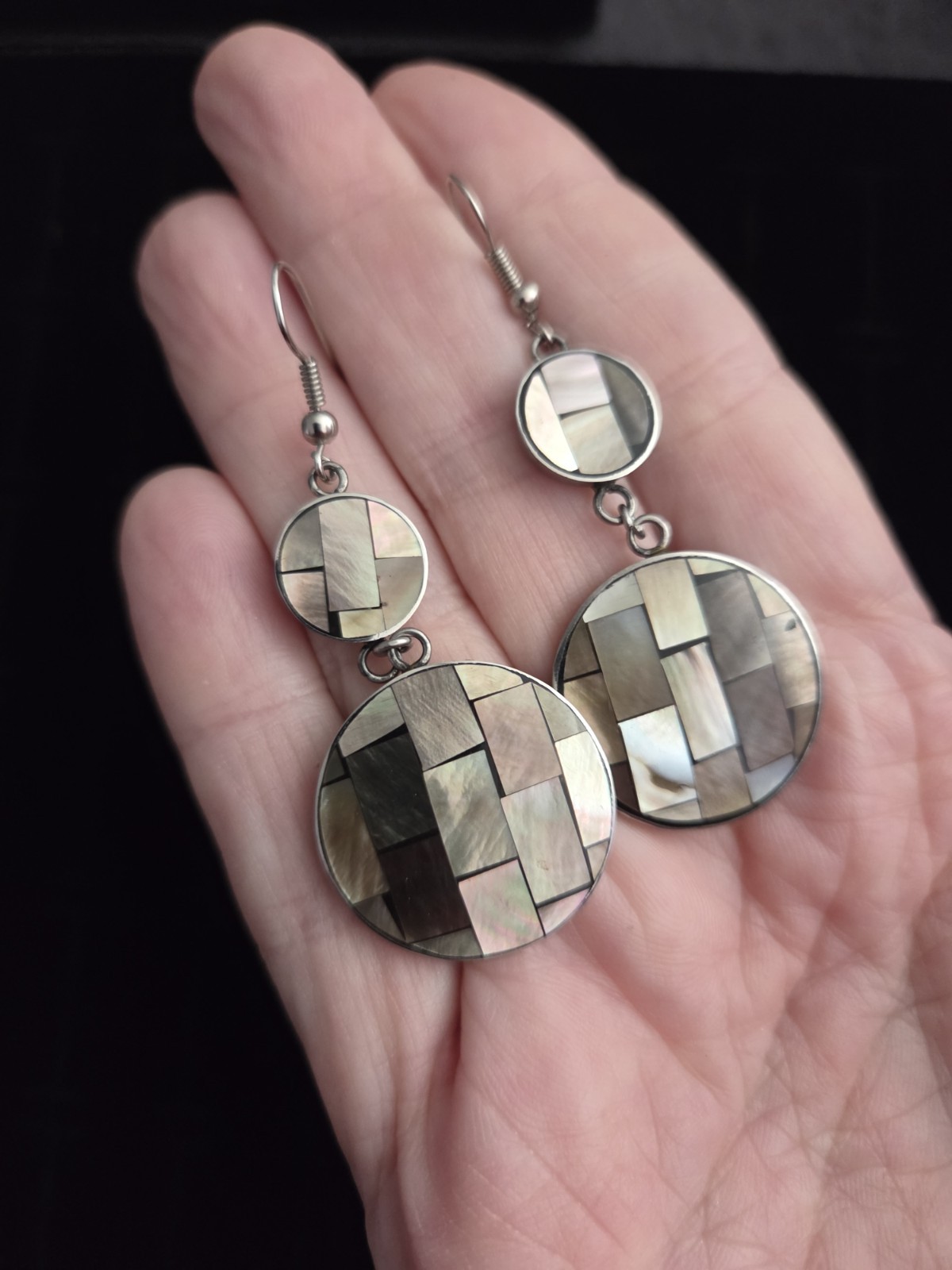 Vintage MOTHER OF PEARL Inlay Earrings Pierced Long Dangles