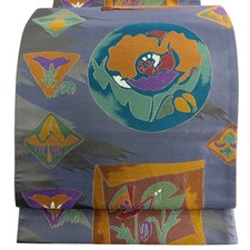 Japanese Kimono Fukuro obi excellent item flower geometric pattern foil