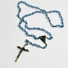 Vintage Blue Faceted Glass Bead Rosary Necklace Silver Tone Crucifix Cross