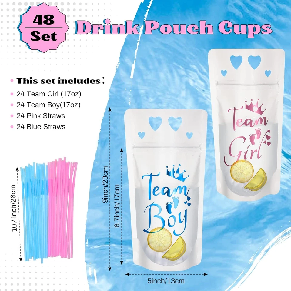 48 Piezas Bolsa de Bebidas Revelación de Género Tazas Rosa Azul Bolsas con Cremallera con Pajitas Team Boy Foto 2 de 4