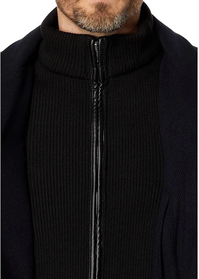 Abrigo largo azul marino de sarga de lana Cole Haan Signature para hombre con babero de punto carbón (L) Foto 4 de 4