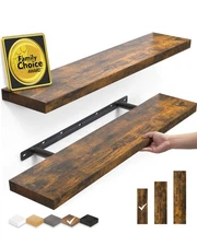 Wood Floating Shelves, Rustic Wall Mounted, 22.5 Inch, 2 Pack, Brown