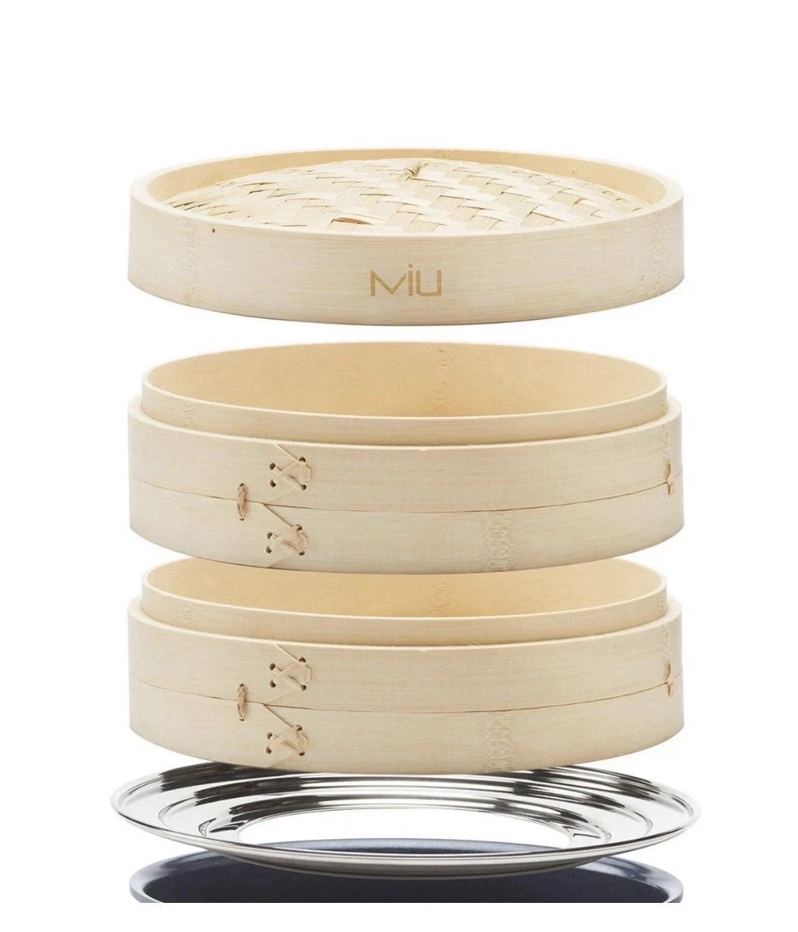 MIU 10" 2-Tier Bamboo Steamer Basket 10" W/ Stainless Steel Ring Adapter SEALED