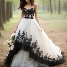 Gothic Black And White Wedding Dresses Tiered Lace Applique A Line Bridal Gowns