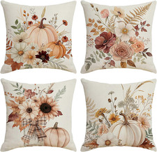 Fall Throw Pillow Covers 18X18 Inch Set of 4, Farmhouse Pumpkin Sunflower Floral