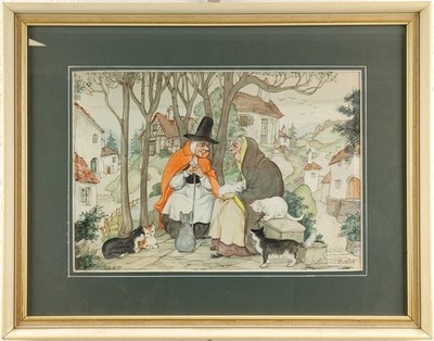 GEDULD ARNOLD SIGNIERT ORIGINAL AQUARELL GEMÄLDE MÄRCHEN HEXE KATZEN SZENE