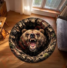 Bear Round Rug, 3D Roaring Bear Carpet, Wildlife Animal Floor Rug, Decor Mat