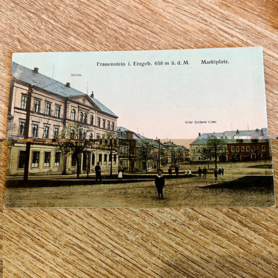 Alte AK Frauenstein Erzgebirge Marktplatz Schule SELTENER Bahnpost-Stempel 1910