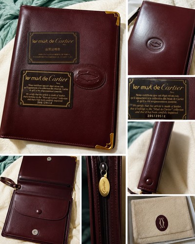 Authentic Cartier Must De Cartier Burgundy Leather Clutch Gold Hardware &COA