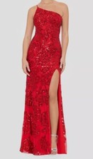 Blondie Nites Women's Juniors Red Floral-Sequined One-Shoulder Gown Size 5