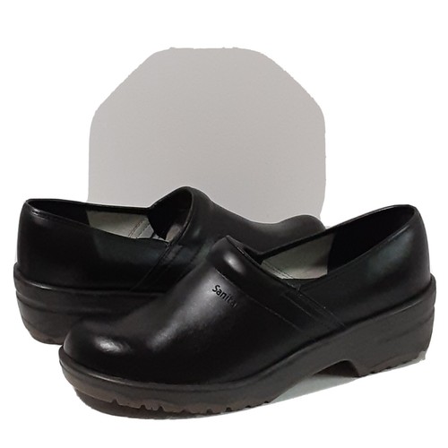 black leather nursing clogs