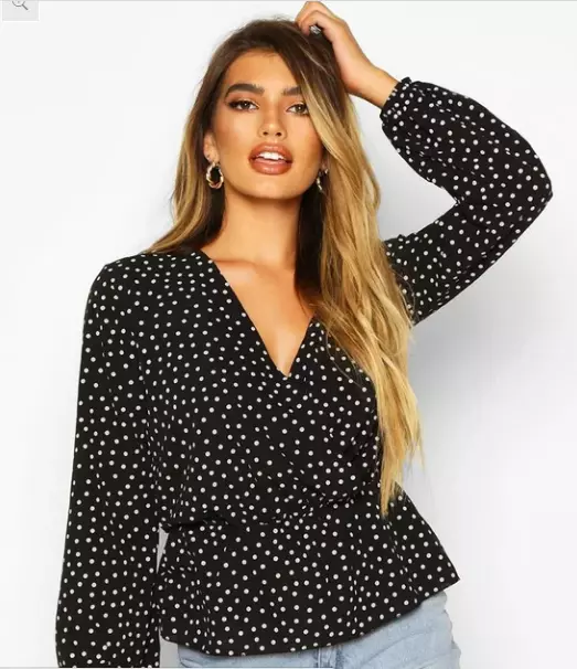 Boohoo Polka Dot Wrap Peplum Blouse Size 4 NWT 57 eBay