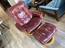 Burgundy Red Leather Stressless Royal Medium Ergonomic Recliner Chair  Ottoman