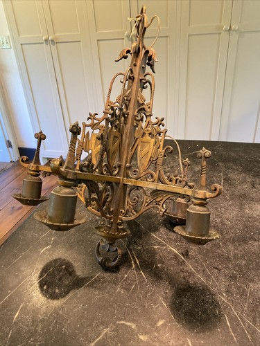 Vintage Original 5 Light Bronze Hanging Chandelier Great Patina