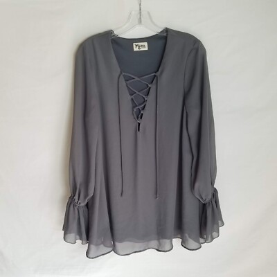 SHOW ME YOUR MUMU Womens Grey Long Sleeve Lace Up TIe V-Neck Blouse Top Medium