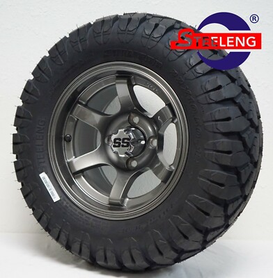 GOLF CART 12'' GUNMETAL GT WHEELS/RIMS and 22'' STINGER DOT ALL TERRAIN TIRES