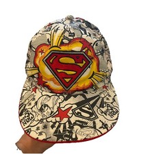 Superman Logo and Graphic Black on White w Red Yellow Hat Cap SnapBack EUC