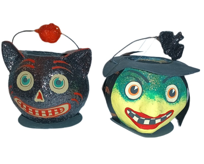Halloween Glitter  Witch & Black Kitty Cat small Bucket Pail Dept 56 Vintage