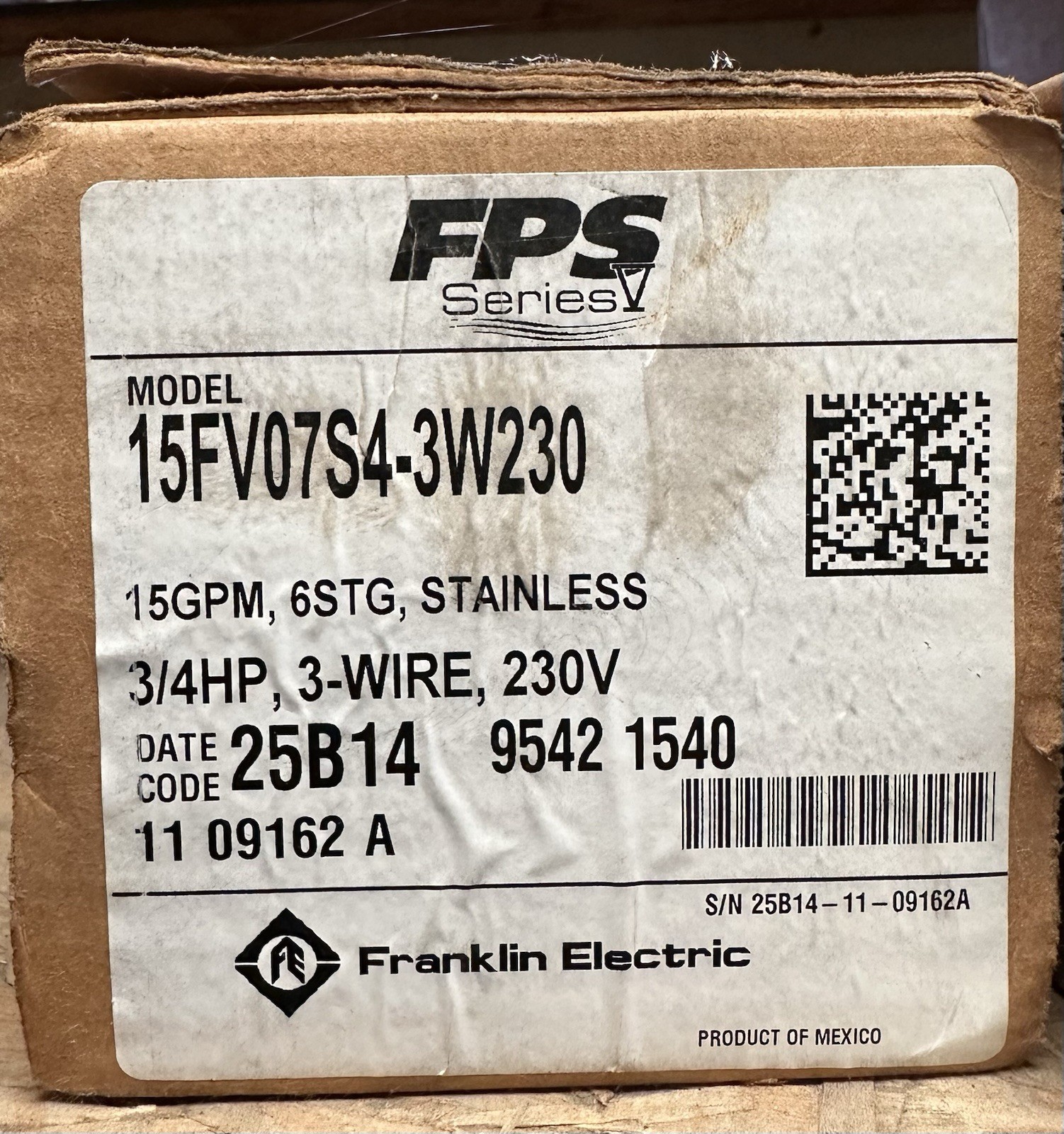 Franklin Electric 15 GPM 3/4 HP 4in 230V Submersible Pump 15FV07S4-3W230 3-Wire